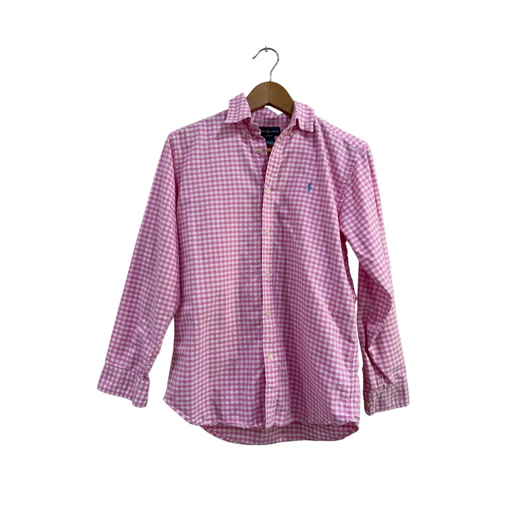 Ralph Lauren Pink Gingham Button Down Shirt Women L 14-16 Cotton Long Sleeve